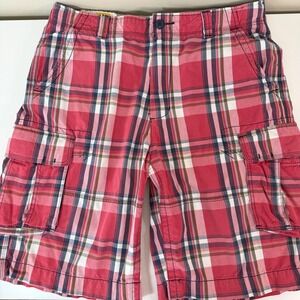 Chor Mens Red Plaid Cargo Shorts Size 36 Cotton Multi Pocket Utility Preppy